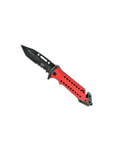 JS000062   Coltello pieghevole JS con manico in alluminio rosso tagliacinghia e frangivetro
